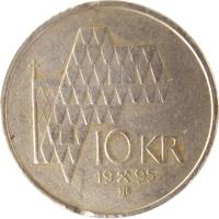 reverse of 10 Kroner - Harald V (1995 - 2012) coin with KM# 457 from Norway. Inscription: 10 KR 1996 JJE