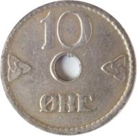 reverse of 10 Øre - Haakon VII (1924 - 1951) coin with KM# 383 from Norway. Inscription: 10 ØRE