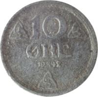 reverse of 10 Øre - Haakon VII - WW2 German Occupation (1941 - 1945) coin with KM# 389 from Norway. Inscription: 10 ØRE