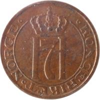 obverse of 1 Øre - Haakon VII (1908 - 1952) coin with KM# 367 from Norway. Inscription: H7 KONGERIKET NORGE