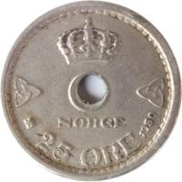 reverse of 25 Øre - Haakon VII (1924 - 1950) coin with KM# 384 from Norway. Inscription: NORGE 25 ØRE 1927