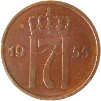 obverse of 5 Øre - Haakon VII (1952 - 1957) coin with KM# 400 from Norway. Inscription: H7 1954
