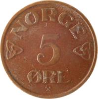 reverse of 5 Øre - Haakon VII (1952 - 1957) coin with KM# 400 from Norway. Inscription: NORGE 5 ØRE