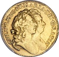 England coin 1/2 Guinea - William & Mary (1690 - 1694) obverse obverse of 1/2 Guinea - William & Mary (1690 - 1694) coin with SP# 3430 from England.