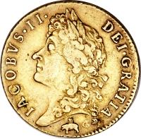 England coin 1 Guinea - James II (1686 - 1688) obverse obverse of 1 Guinea - James II (1686 - 1688) coin with SP# 3403 from England.