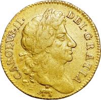 England coin 1 Guinea - James II (1674 - 1684) obverse obverse of 1 Guinea - James II (1674 - 1684) coin with SP# 3345 from England.