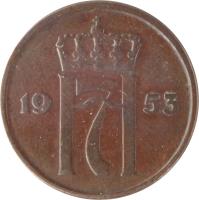 obverse of 2 Øre - Haakon VII (1952 - 1957) coin with KM# 399 from Norway. Inscription: 1953