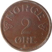 reverse of 2 Øre - Haakon VII (1952 - 1957) coin with KM# 399 from Norway. Inscription: NORGE 2 ORE