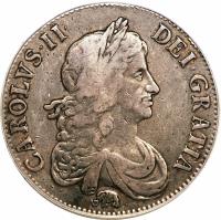 England coin 1 Crown - Charles II - Guinea mint; 2'nd Portrait (1666) obverse obverse of 1 Crown - Charles II - Guinea mint; 2'nd Portrait (1666) coin with SP# 3356 from England.