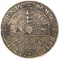England coin 1 Crown - Charles II - Guinea mint; 2'nd Portrait (1666) reverse reverse of 1 Crown - Charles II - Guinea mint; 2'nd Portrait (1666) coin with SP# 3356 from England.