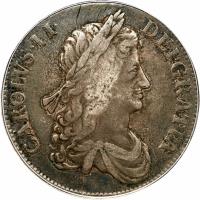 England coin 1 Crown - Charles II - 1'st Portrait (1663) obverse obverse of 1 Crown - Charles II - 1'st Portrait (1663) coin with SP# 3354 from England.