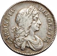England coin 1 Shilling - Charles II - 2'nd Portrait (1666 - 1683) obverse obverse of 1 Shilling - Charles II - 2'nd Portrait (1666 - 1683) coin with SP# 3375 from England.