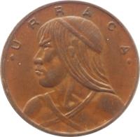 obverse of 1 Centésimo (1961 - 1987) coin with KM# 22 from Panama. Inscription: · URRACA ·