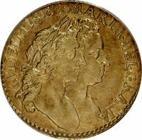 England coin 1/2 Guinea - William & Mary (1689) obverse obverse of 1/2 Guinea - William & Mary (1689) coin with SP# 3429 from England.