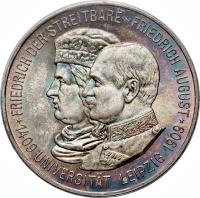 obverse of 5 Mark - Friedrich August III - 500th Anniversary of Leipzig University (1909) coin with KM# 1269 from German States.