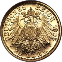 reverse of 20 Mark - Friedrich August III (1905 - 1914) coin with KM# 1265 from German States. Inscription: DEUTSCHES REICH 1905 20 MARK