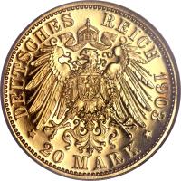 German States coin 20 Mark - Georg (1903) reverse reverse of 20 Mark - Georg (1903) coin with KM# 1260 from German States. Inscription: DEUTSCHES REICH 1903 20 MARK