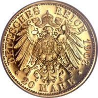 reverse of 20 Mark - Georg (1903) coin with KM# 1260 from German States. Inscription: DEUTSCHES REICH 1903 20 MARK