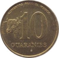 Paraguay coin 10 Guaraníes - FAO (1996) reverse reverse of 10 Guaraníes - FAO (1996) coin with KM# 178a from Paraguay. Inscription: ALIMENTOS PARA EL MUNDO 10 GUARANIES