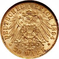 reverse of 20 Mark - Albert (1894 - 1895) coin with KM# 1248 from German States. Inscription: DEUTSCHES REICH 1894 20 MARK