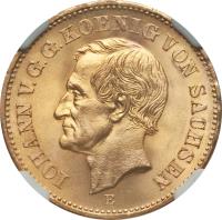 obverse of 20 Mark - Johann (1873) coin with KM# 1234 from German States. Inscription: IOHANN V.G.G.KOENIG VON SACHSEN