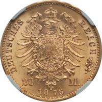 reverse of 20 Mark - Johann (1873) coin with KM# 1234 from German States. Inscription: DEUTSCHES REICH 20 M. 1873