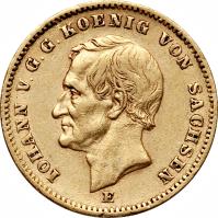 obverse of 20 Mark - Johann (1872) coin with KM# 1233 from German States. Inscription: IOHANN V. G. G. KOENIG VON SACHSEN
