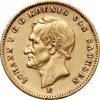 German States coin 20 Mark - Johann (1872) obverse obverse of 20 Mark - Johann (1872) coin with KM# 1233 from German States. Inscription: IOHANN V. G. G. KOENIG VON SACHSEN