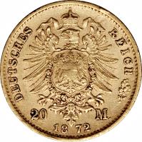 reverse of 20 Mark - Johann (1872) coin with KM# 1233 from German States. Inscription: DEUTSCHES REICH 20 M. 1872