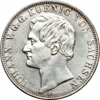 obverse of 2 Thaler / 3 1/2 Gulden - Johann (1855 - 1856) coin with KM# 1190 from German States. Inscription: IOHAN V.G.G. KOENIG VON SACHSEN F