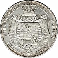 reverse of 2 Thaler / 3 1/2 Gulden - Johann (1855 - 1856) coin with KM# 1190 from German States. Inscription: 2 THALER VII EINE F. MARK 3½ GULDEN * VEREINS 18 55 MÜNZE *