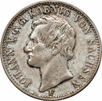 German States coin 1/3 Reichsthaler - Johann (1856) obverse obverse of 1/3 Reichsthaler - Johann (1856) coin with KM# 1191 from German States. Inscription: IOHAN V.G.G. KOENIG VON SACHSEN F