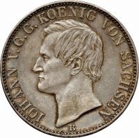 obverse of 1 Vereinsthaler - Johann - Smaller text (1861) coin with KM# 1211 from German States. Inscription: IOHANN V.G.G.KOENIG VON SACHSEN B