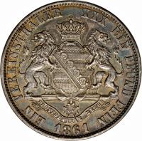 German States coin 1 Vereinsthaler - Johann - Smaller text (1861) reverse reverse of 1 Vereinsthaler - Johann - Smaller text (1861) coin with KM# 1211 from German States. Inscription: EIN VEREINSTHALER XXX EIN PFUND FEIN 1861