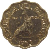 obverse of 15 Céntimos (1953) coin with KM# 26 from Paraguay. Inscription: REPUBLICA DEL PARAGUAY PAZ Y JUSTICIA 1953