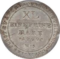 German States coin 1/3 Thaler - Alexius Friedrich Christian (1799) reverse reverse of 1/3 Thaler - Alexius Friedrich Christian (1799) coin with KM# 70 from German States. Inscription: ALEXIUS FRIEDRICH CHRISTIAN FURST ZU ANHALT XL EINEFEINE MARK · 1799 · · H · S ·