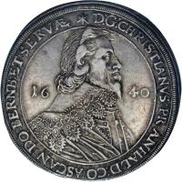 German States coin 1 Thaler - Christian II (1636 - 1645) obverse obverse of 1 Thaler - Christian II (1636 - 1645) coin with KM# 2 from German States. Inscription: D:G:CHRISTIANVS:PR.ANHALD:CO:ASCAN:DO:BERNB:ET:SERVAE
