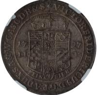 reverse of 2/3 Thaler - Viktor II Friedrich (1727) coin with KM# 10.2 from German States. Inscription: 1727 I.I.G. 2/3 FEIN SILB. VICTOR.FRIDERICUS.D.G.P.A.DUX.S.A.&.W.C.ASC.DB&S