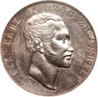 obverse of 2 Thaler / 3 1/2 Gulden - Alexander Carl (1840 - 1855) coin with KM# 83 from German States. Inscription: ALEX. CARL HERZOG ZU ANHALT A