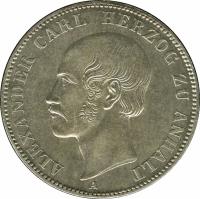 obverse of 1 Vereinsthaler - Alexander Carl (1859) coin with KM# 86 from German States. Inscription: ALEXANDER CARL HERZOG ZU ANHALT A