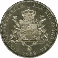 reverse of 1 Vereinsthaler - Alexander Carl (1859) coin with KM# 86 from German States. Inscription: EIN VEREINSTHALER XXX EIN PFUND FEIN 1859