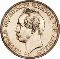 German States coin 1 Vereinsthaler - Leopold Friedrich (1866 - 1869) obverse obverse of 1 Vereinsthaler - Leopold Friedrich (1866 - 1869) coin with KM# 20 from German States. Inscription: LEOPOLD FRIEDRICH HERZOG VON ANHALT A