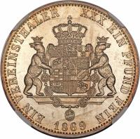 German States coin 1 Vereinsthaler - Leopold Friedrich (1866 - 1869) reverse reverse of 1 Vereinsthaler - Leopold Friedrich (1866 - 1869) coin with KM# 20 from German States. Inscription: EIN VEREINSTHALER XXX EIN PFUND FEIN 1869