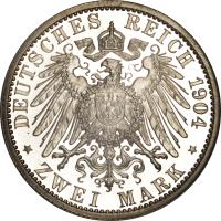 German States coin 2 Mark - Friedrich II (1901 - 1904) reverse reverse of 2 Mark - Friedrich II (1901 - 1904) coin with KM# 27 from German States. Inscription: DEUTSCHES REICH 1904 * ZWEI MARK *