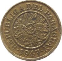 obverse of 5 Céntimos (1944 - 1947) coin with KM# 21 from Paraguay. Inscription: REPUBLICA DEL PARAGUAY 1947