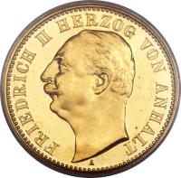 German States coin 20 Mark - Friedrich II (1904) obverse obverse of 20 Mark - Friedrich II (1904) coin with KM# 28 from German States. Inscription: FRIEDRICH II HERZOG VON ANHALT A