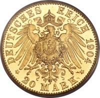 German States coin 20 Mark - Friedrich II (1904) reverse reverse of 20 Mark - Friedrich II (1904) coin with KM# 28 from German States. Inscription: DEUTSCHES REICH 1904 * 20 MARK *