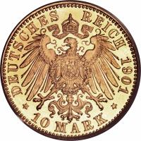 German States coin 10 Mark - Friedrich (1896 - 1901) reverse reverse of 10 Mark - Friedrich (1896 - 1901) coin with KM# 25 from German States. Inscription: DEUTSCHES REICH 1901 * 10 MARK *