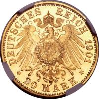 German States coin 20 Mark - Friedrich (1896 - 1901) reverse reverse of 20 Mark - Friedrich (1896 - 1901) coin with KM# 26 from German States. Inscription: DEUTSCHES REICH 1901 * 20 MARK *