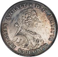 German States coin 1 1/3 Reichsthaler - August Ludwig (1747) obverse obverse of 1 1/3 Reichsthaler - August Ludwig (1747) coin with KM# 26 from German States. Inscription: D · G · AVGVSTVS LVDOVICVS PRINCEPS ANHALT *